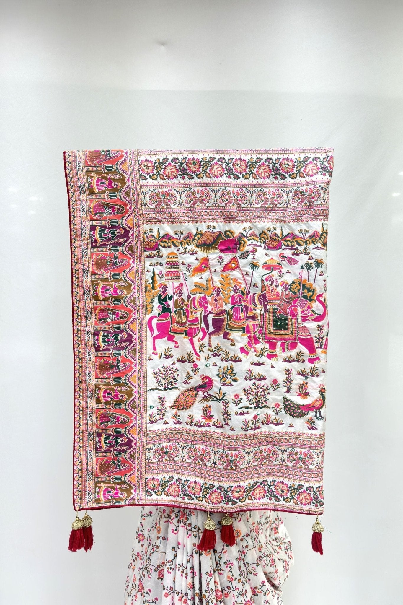 White Silk Saree with Vibrant Rajasthani Print - Mangaldeep NX
