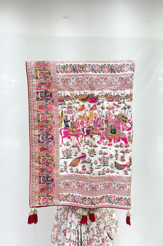 White Silk Saree with Vibrant Rajasthani Print - Mangaldeep NX