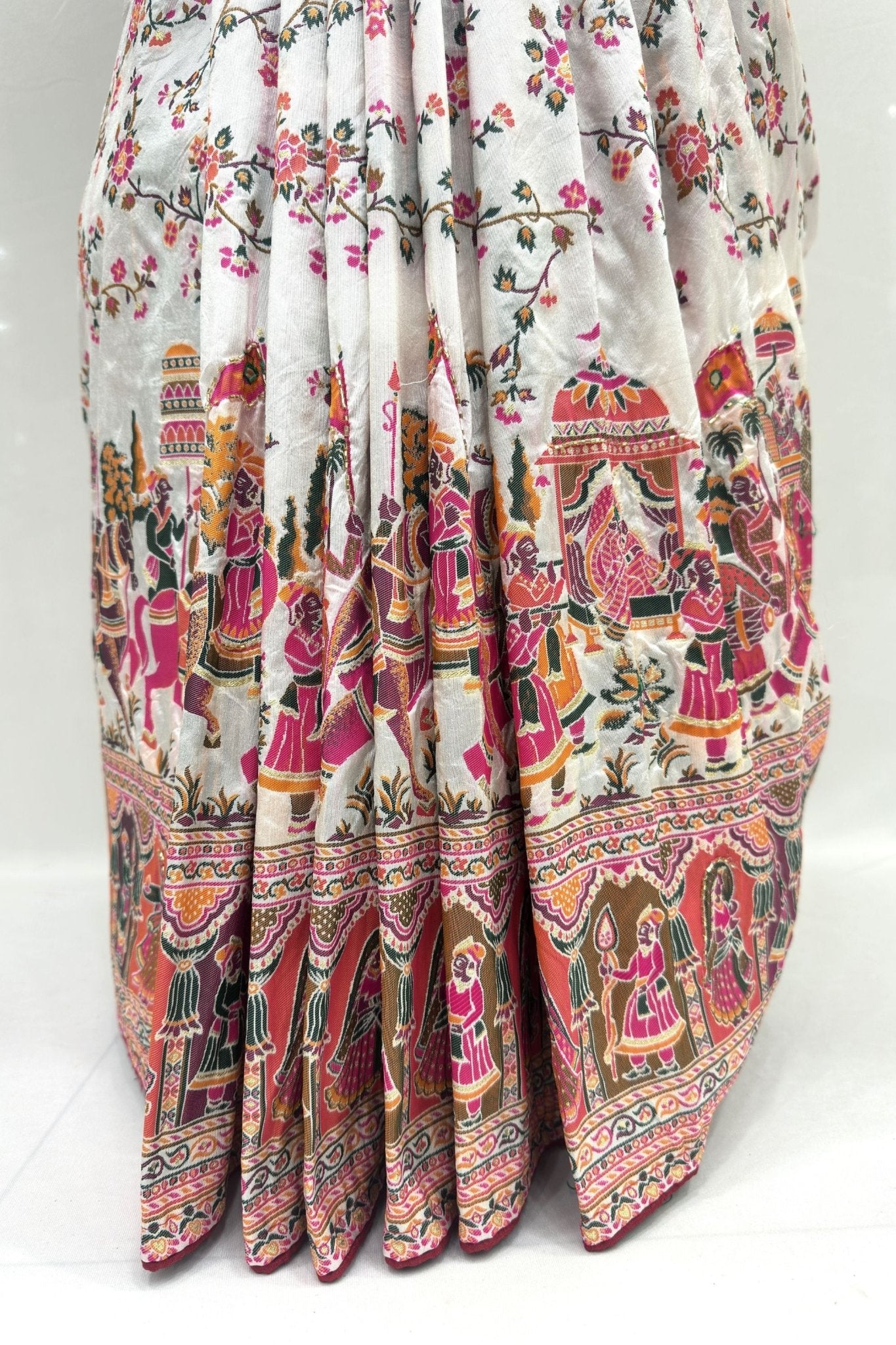 White Silk Saree with Vibrant Rajasthani Print - Mangaldeep NX