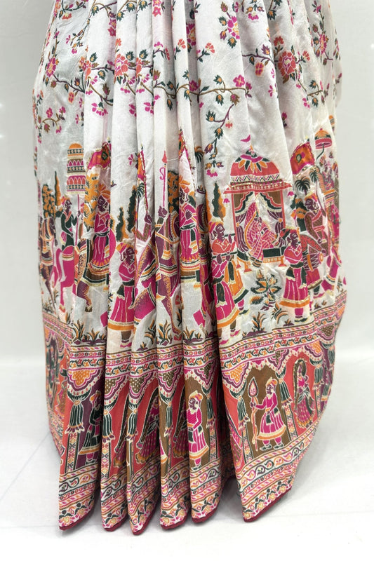 White Silk Saree with Vibrant Rajasthani Print - Mangaldeep NX