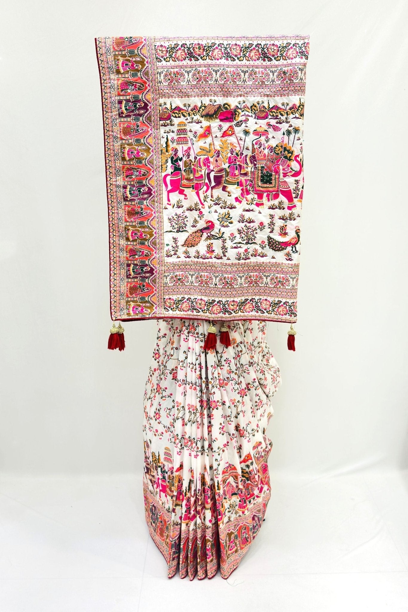 White Silk Saree with Vibrant Rajasthani Print - Mangaldeep NX