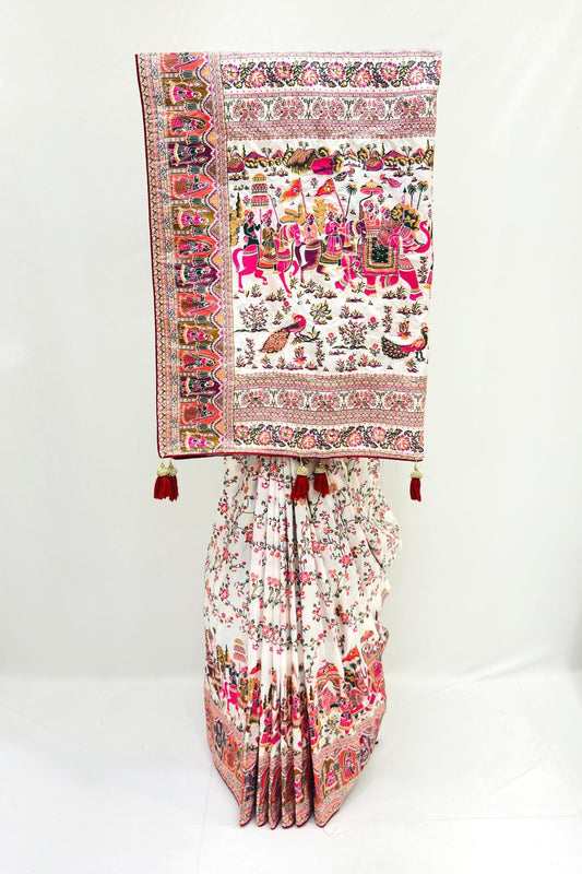 White Silk Saree with Vibrant Rajasthani Print - Mangaldeep NX