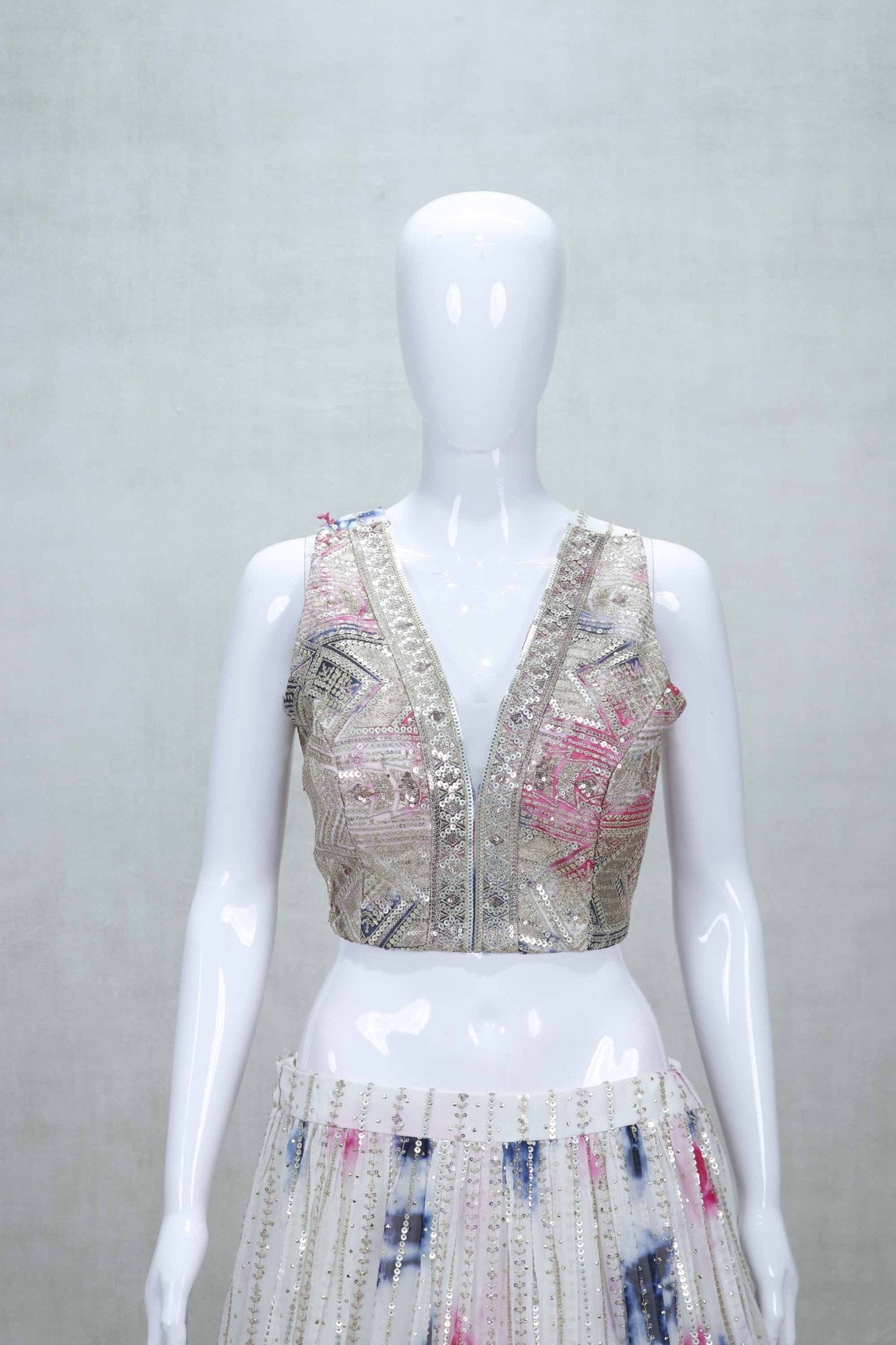 White Tie - Dye Effect Embroidered Lehenga Choli with Hot Pink Dupatta - Mangaldeep NX