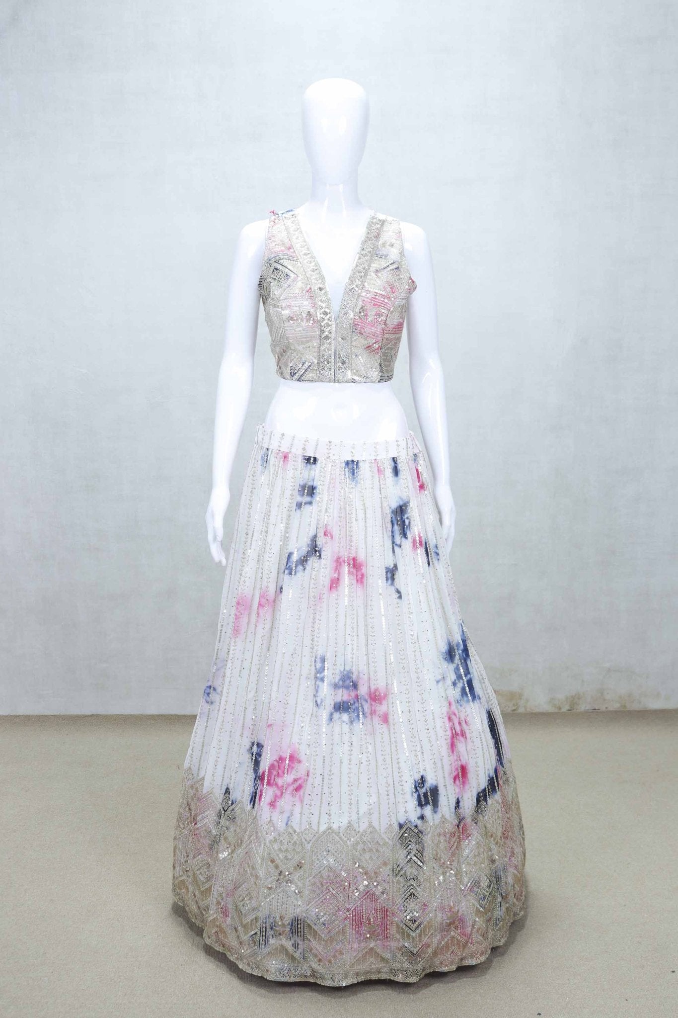 White Tie - Dye Effect Embroidered Lehenga Choli with Hot Pink Dupatta - Mangaldeep NX