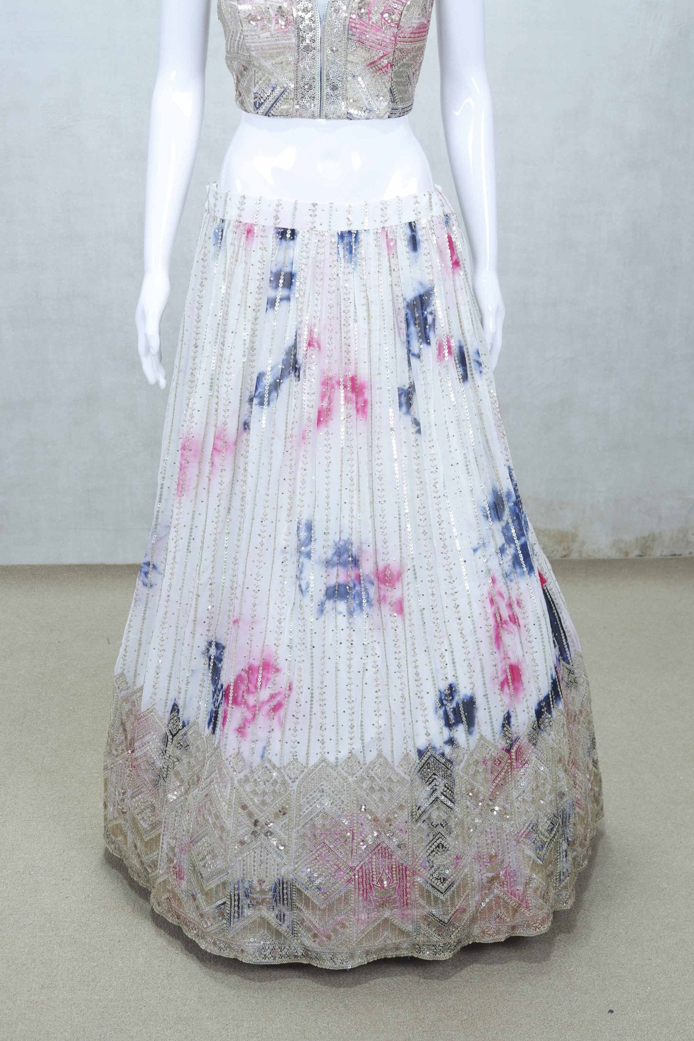 White Tie - Dye Effect Embroidered Lehenga Choli with Hot Pink Dupatta - Mangaldeep NX