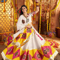 White Traditional Garba Lehenga Choli Set with Pink Patch Embroidery for Navratri - Mangaldeep NX
