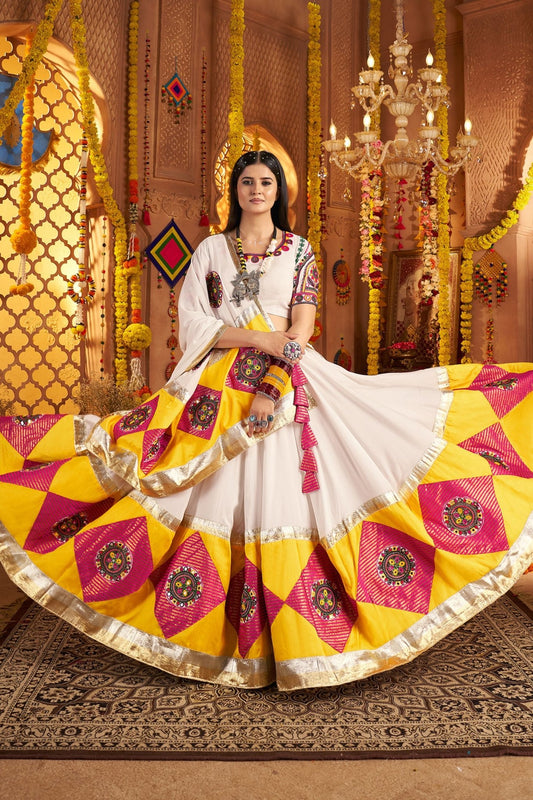 White Traditional Garba Lehenga Choli Set with Pink Patch Embroidery for Navratri - Mangaldeep NX