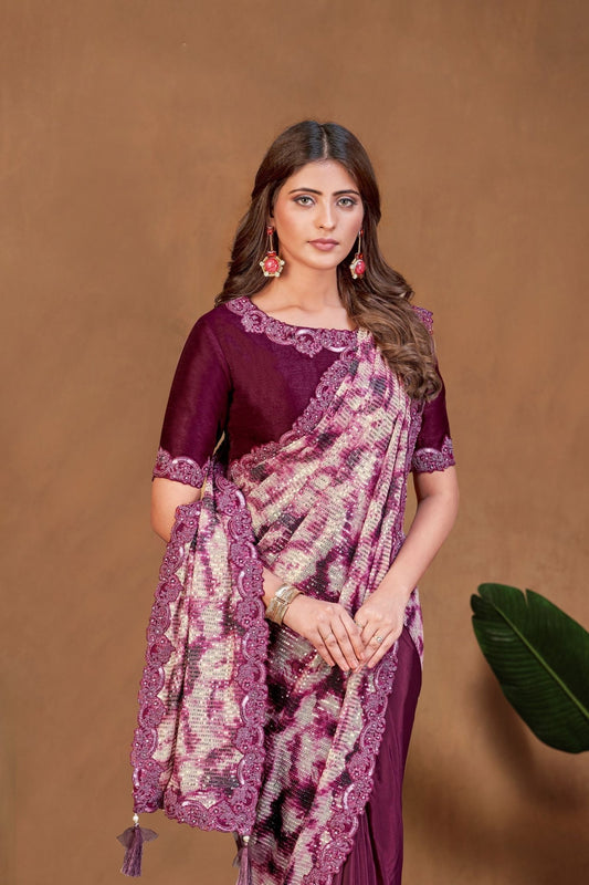 Wine and Lavender Pre - Draped Saree with Printed Pallu and Embroidered Lace Border - Mangaldeep NX