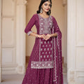 Wine Chinon Embroidered Readymade Palazzo Suit with Dupatta - Mangaldeep NX