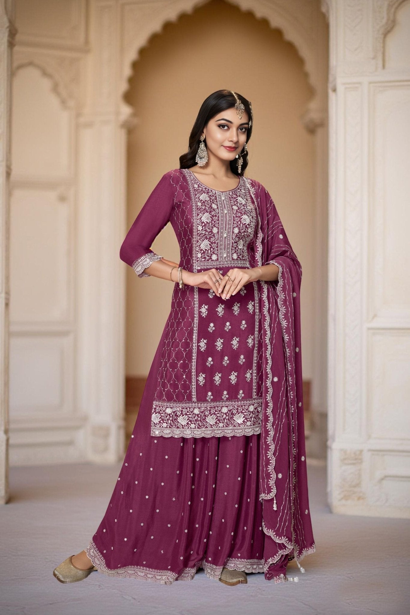 Wine Chinon Embroidered Readymade Palazzo Suit with Dupatta - Mangaldeep NX