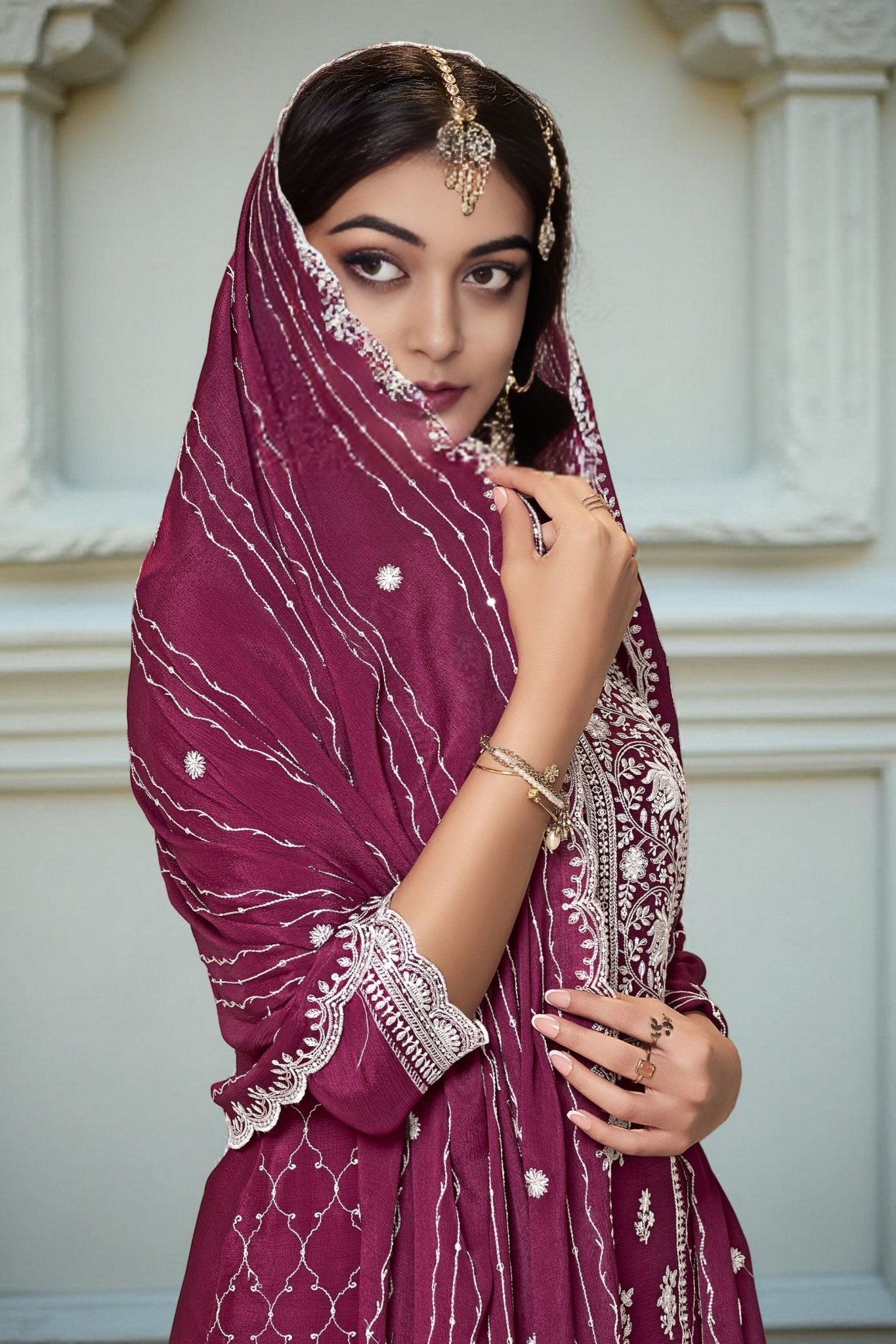 Wine Chinon Embroidered Readymade Palazzo Suit with Dupatta - Mangaldeep NX