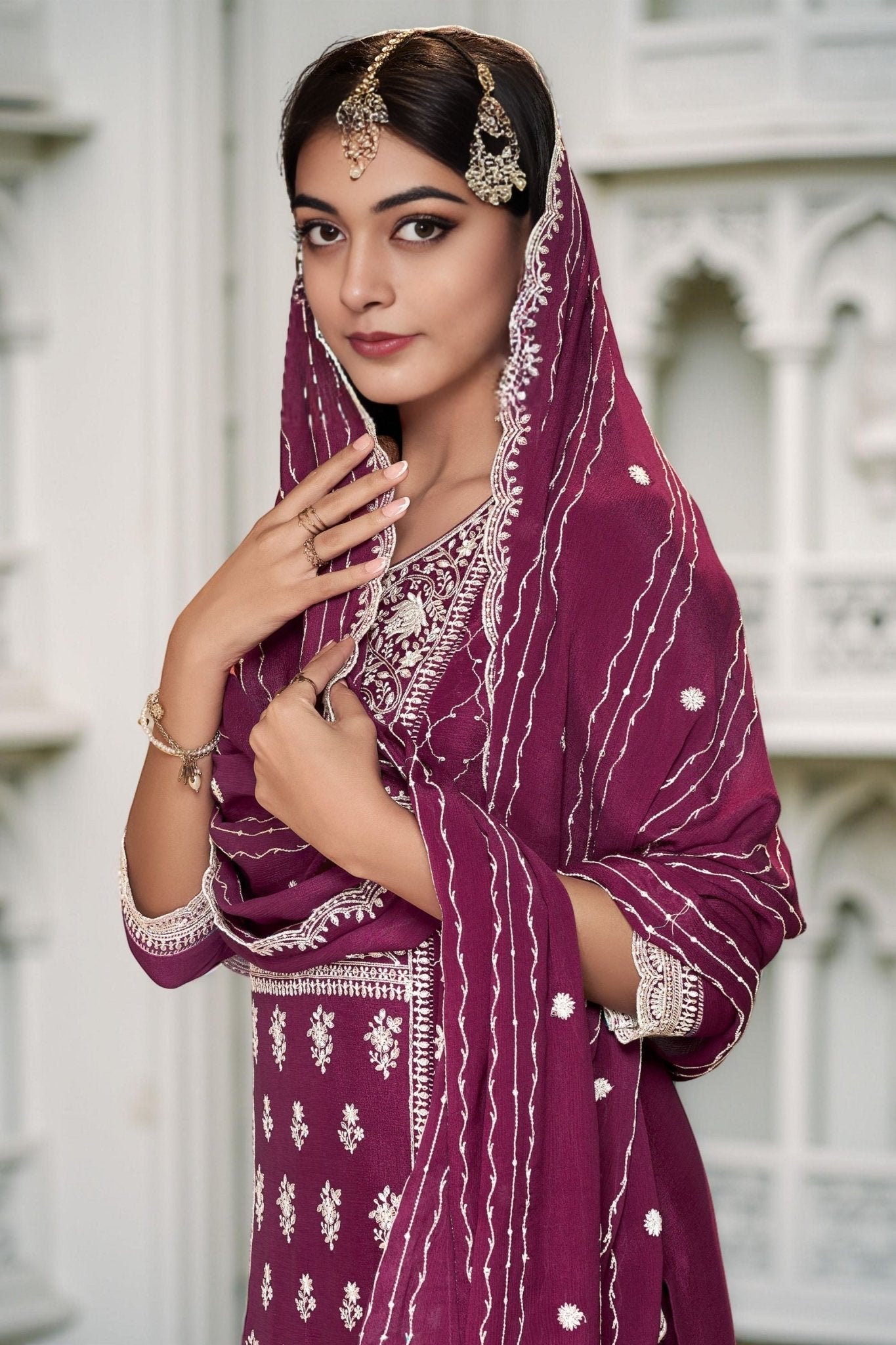 Wine Chinon Embroidered Readymade Palazzo Suit with Dupatta - Mangaldeep NX