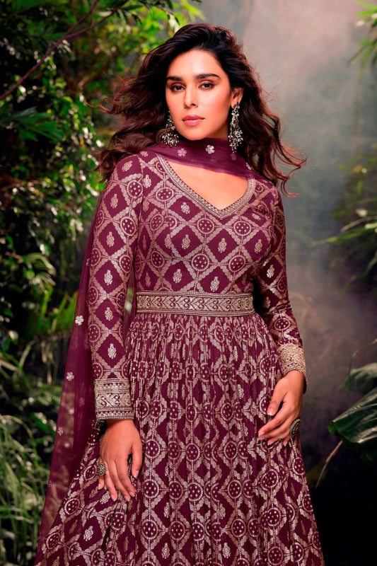 Wine Embroidered Anarkali Gown for Women with Zari Detailing and Net Dupatta - Mangaldeep NX