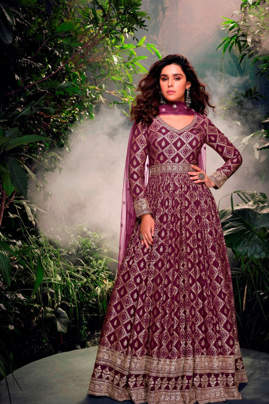 Wine Embroidered Anarkali Gown for Women with Zari Detailing and Net Dupatta - Mangaldeep NX