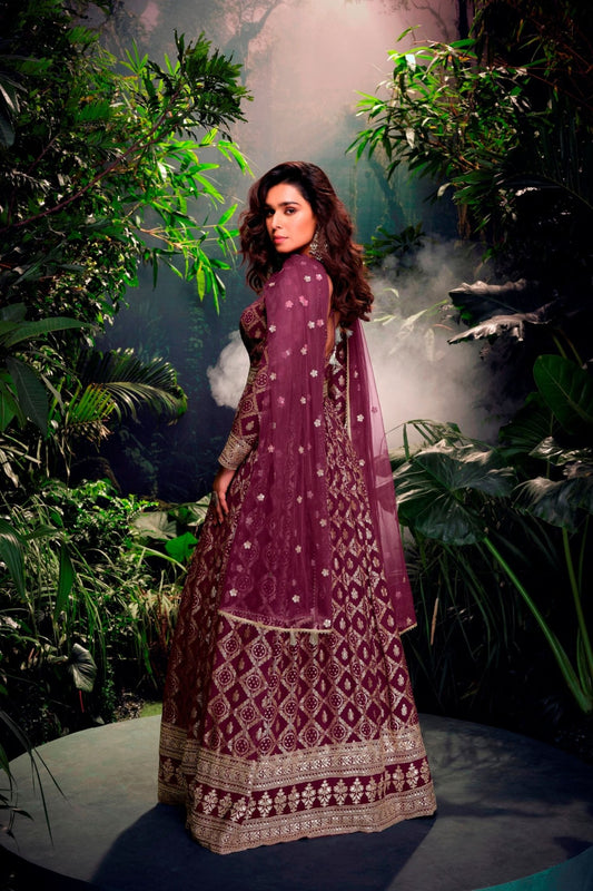 Wine Embroidered Anarkali Gown for Women with Zari Detailing and Net Dupatta - Mangaldeep NX
