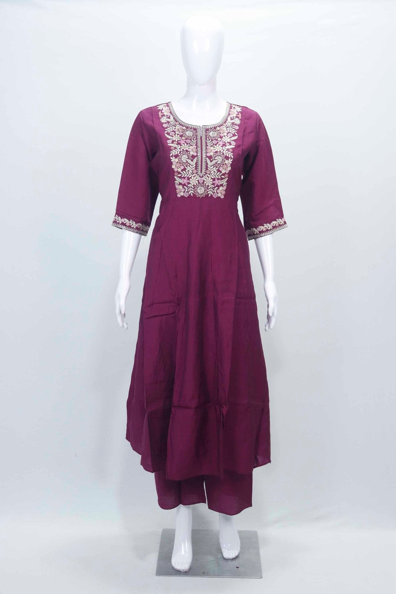 Wine Embroidered Cotton Straight Cut Suit with Matching Dupatta - Mangaldeep NX