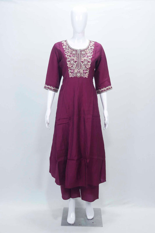 Wine Embroidered Cotton Straight Cut Suit with Matching Dupatta - Mangaldeep NX