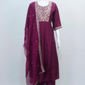 Wine Embroidered Cotton Straight Cut Suit with Matching Dupatta - Mangaldeep NX