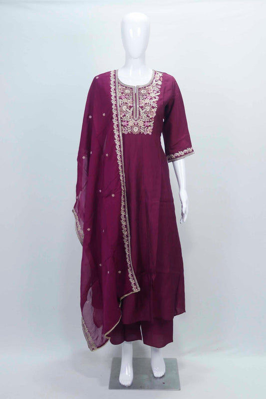 Wine Embroidered Cotton Straight Cut Suit with Matching Dupatta - Mangaldeep NX
