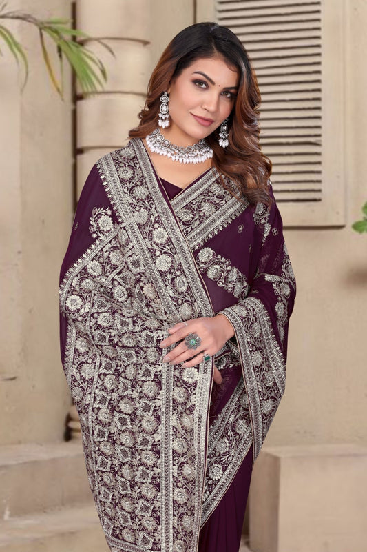 Wine Embroidered Georgette Saree with Silver Floral Thread Work and Matching Blouse Piece - Mangaldeep NX