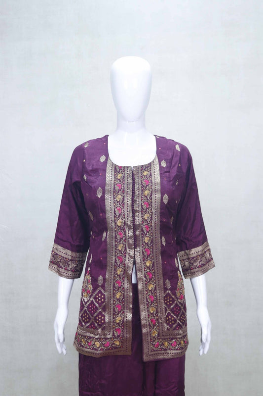 Wine Embroidered Georgette Three - Piece Palazzo Set with Long Jacket and Inner Kurti - Mangaldeep NX