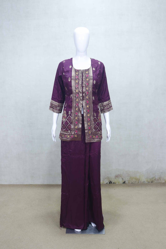 Wine Embroidered Georgette Three - Piece Palazzo Set with Long Jacket and Inner Kurti - Mangaldeep NX