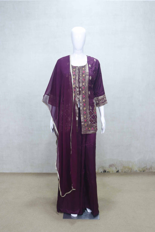Wine Embroidered Georgette Three - Piece Palazzo Set with Long Jacket and Inner Kurti - Mangaldeep NX