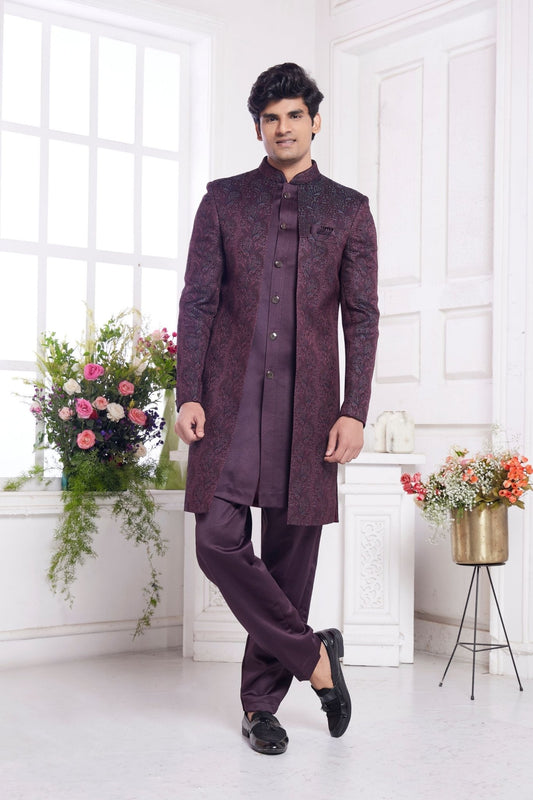 Wine Embroidered Silk Indo - Western Sherwani Set for Men with Leaf Motif Detailing and Matching Kurta - Mangaldeep NX