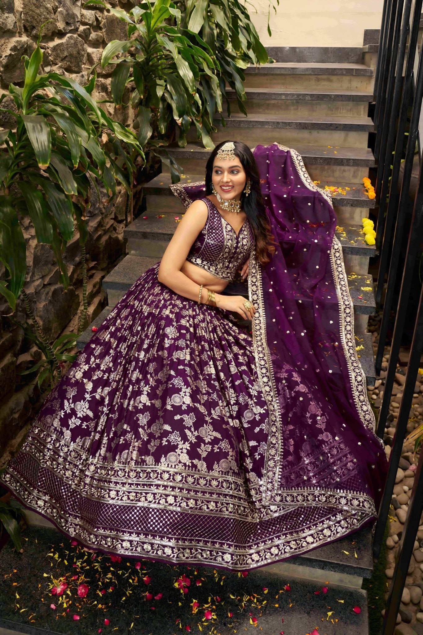 Wine Embroidered Silk Lehenga Choli Set with Mirror Work and Sequin Dupatta - Mangaldeep NX