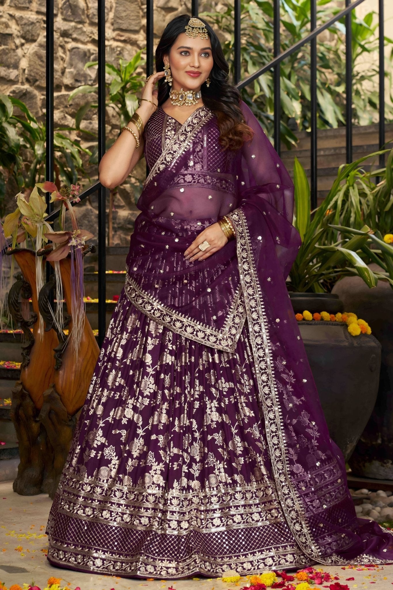 Wine Embroidered Silk Lehenga Choli Set with Mirror Work and Sequin Dupatta - Mangaldeep NX