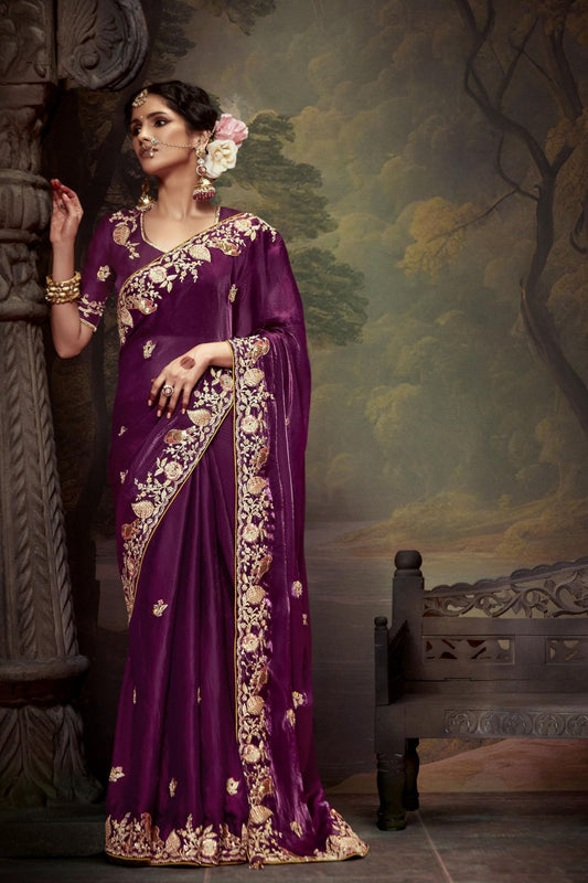 Wine Embroidered Silk Saree with Golden Sequin Floral Border and Matching Blouse - Mangaldeep NX