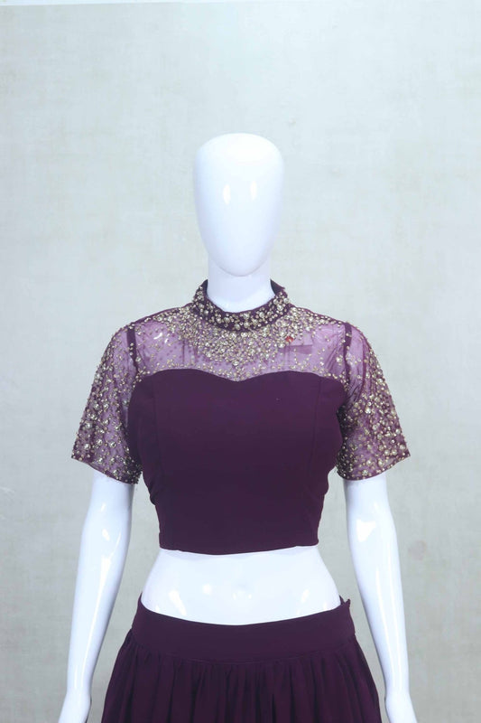 Wine Georgette Embellished Lehenga Choli with Dupatta - Mangaldeep NX