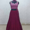 Wine Purple Sleeveless Mirror Work Lehenga Set with Crushed Skirt and Dupatta - Mangaldeep NX