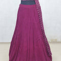 Wine Purple Sleeveless Mirror Work Lehenga Set with Crushed Skirt and Dupatta - Mangaldeep NX