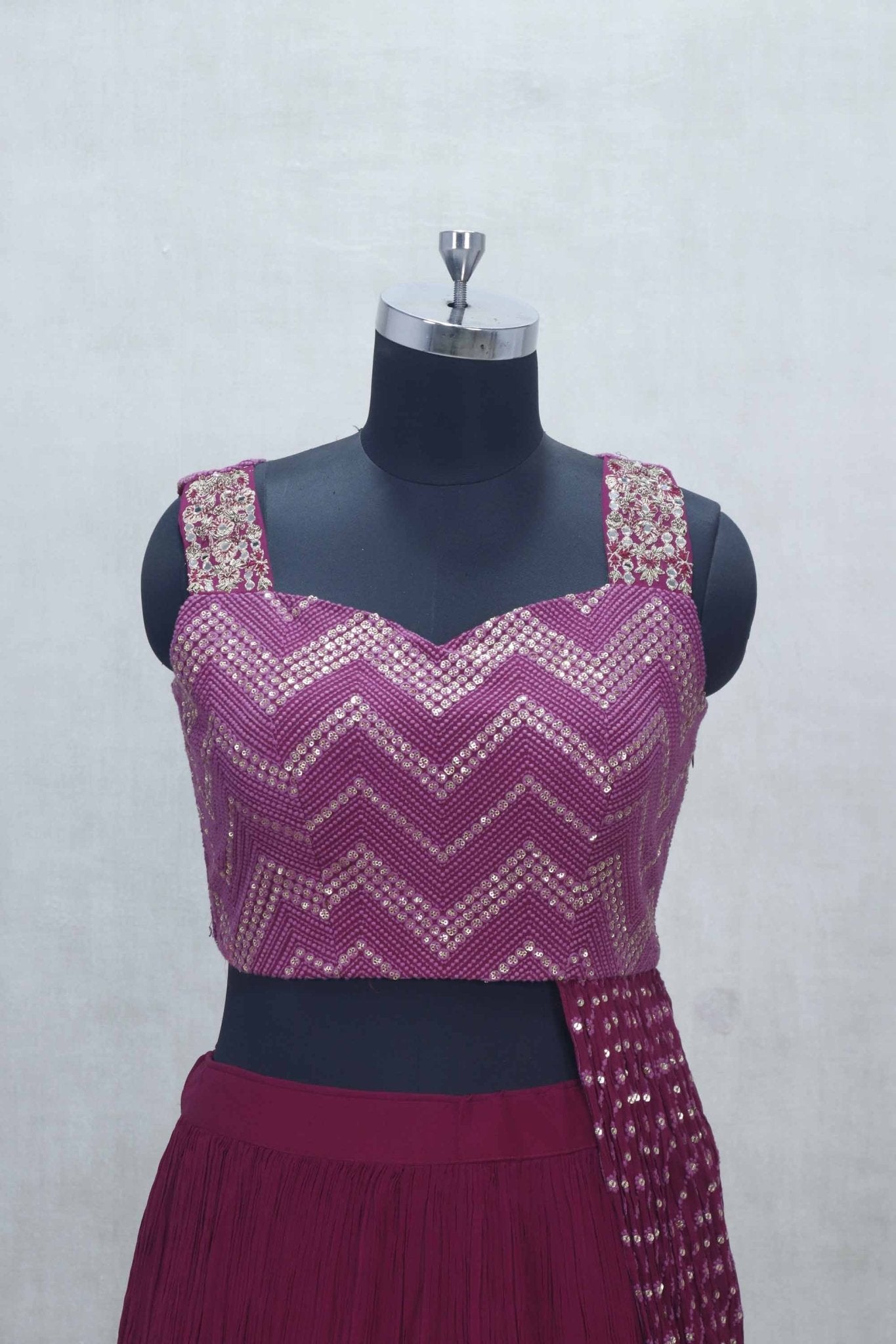 Wine Purple Sleeveless Mirror Work Lehenga Set with Crushed Skirt and Dupatta - Mangaldeep NX