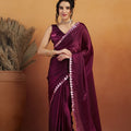 Wine Satin Silk Saree with Sequin Floral Border and Matching Blouse - Mangaldeep NX