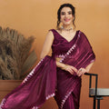Wine Satin Silk Saree with Sequin Floral Border and Matching Blouse - Mangaldeep NX