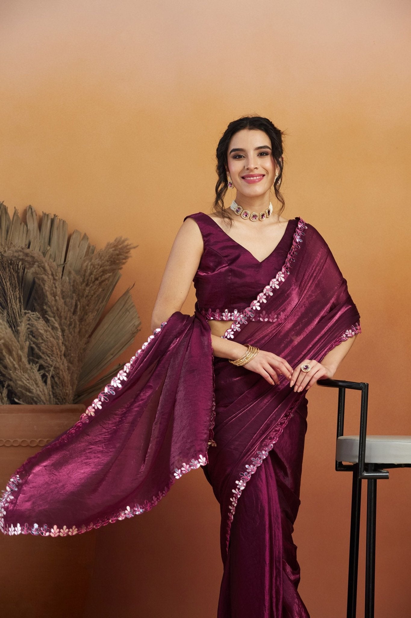 Wine Satin Silk Saree with Sequin Floral Border and Matching Blouse - Mangaldeep NX