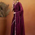 Wine Satin Silk Saree with Sequin Floral Border and Matching Blouse - Mangaldeep NX
