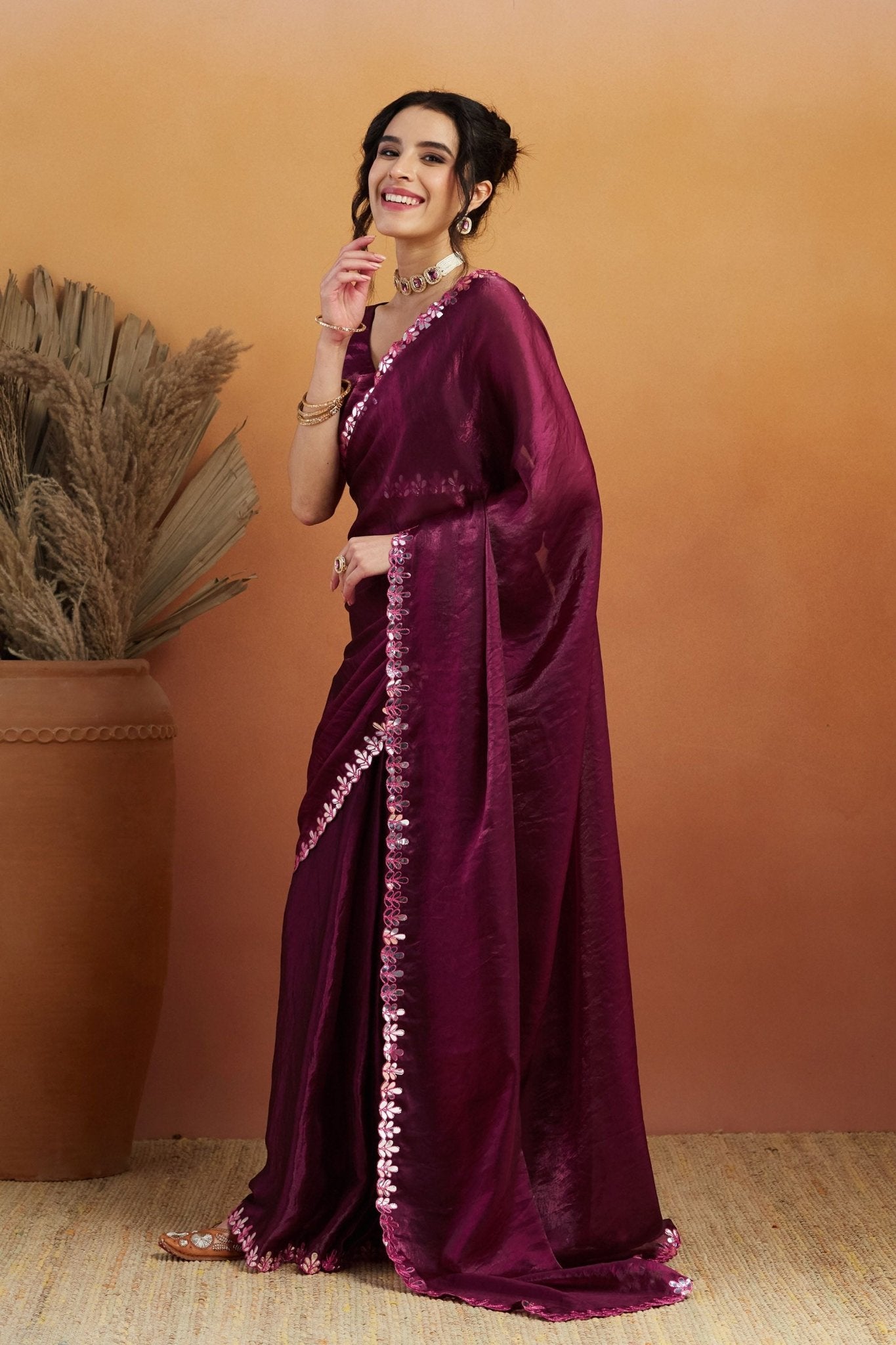 Wine Satin Silk Saree with Sequin Floral Border and Matching Blouse - Mangaldeep NX