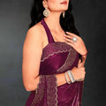 Wine Sequin Embellished Party Wear Fandy Silk Saree with Golden Scallop Border - Mangaldeep NX