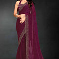Wine Sequin Embellished Party Wear Fandy Silk Saree with Golden Scallop Border - Mangaldeep NX