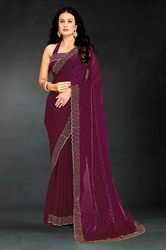 Wine Sequin Embellished Party Wear Fandy Silk Saree with Golden Scallop Border - Mangaldeep NX