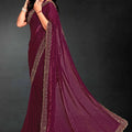 Wine Sequin Embellished Party Wear Fandy Silk Saree with Golden Scallop Border - Mangaldeep NX
