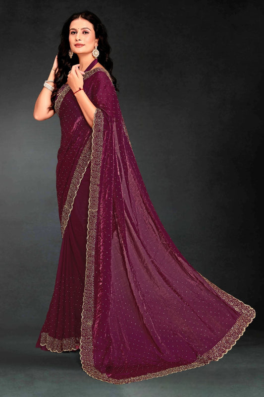 Wine Sequin Embellished Party Wear Fandy Silk Saree with Golden Scallop Border - Mangaldeep NX
