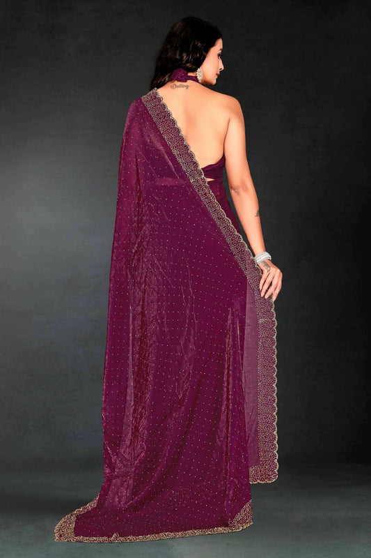 Wine Sequin Embellished Party Wear Fandy Silk Saree with Golden Scallop Border - Mangaldeep NX