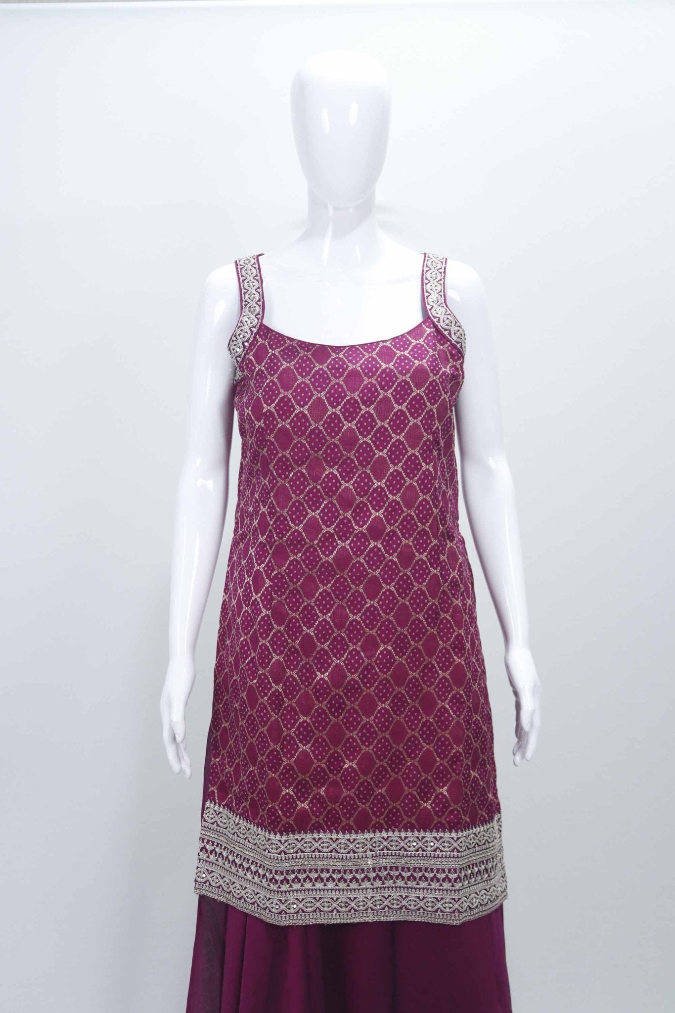 Wine Sleeveless Foil Printed Kurta Sharara Set with Embroidered Straps and Hem Detailing - Mangaldeep NX