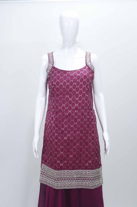 Wine Sleeveless Foil Printed Kurta Sharara Set with Embroidered Straps and Hem Detailing - Mangaldeep NX