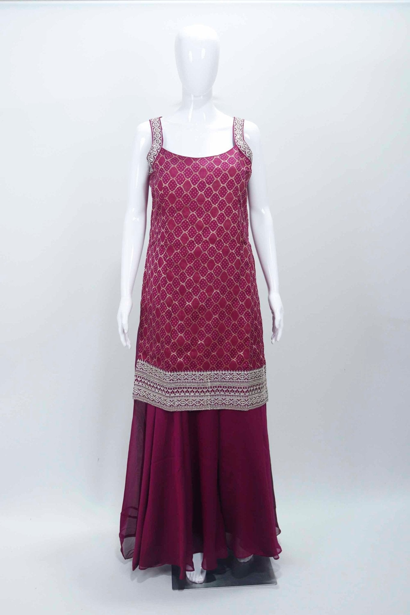 Wine Sleeveless Foil Printed Kurta Sharara Set with Embroidered Straps and Hem Detailing - Mangaldeep NX