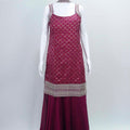 Wine Sleeveless Foil Printed Kurta Sharara Set with Embroidered Straps and Hem Detailing - Mangaldeep NX